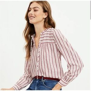 Loft Women Striped Blouse Size Medium Red White Long Sleeve Tie Neck Office